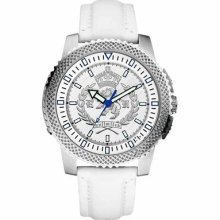 Marc Ecko Mens The Collegiate Stainless Steel White Leather Coin Edged Watch