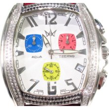 Mens Diamond Aqua Techno Watch Round Cut with Red Leather 1.55ct