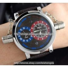 Mens Dual Time Zone Date Military Army Leather Watch