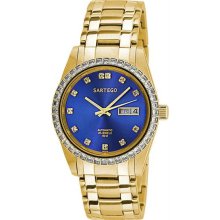 Men's Gold Tone Automatic Dress Watch Blue Dial Crystals