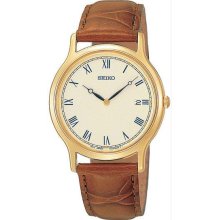 Men's Gold Tone Stainless Steel Dress Brown Leather Strap