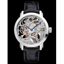 Mens Hand Winding Full Skeleton Black Leather Band Wrist Watch Nhkalalss3