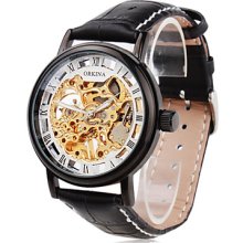 Men's Hollow PU Leather Analog Automatic Wrist Watch (Black)