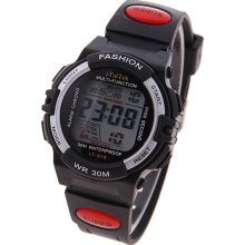 mens Itaitek black ,red & silver digital watch w/alarm rubber band WR 30M