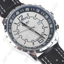 mens new EYKI blue & white quartz watch black PU leather band w/white thread - Black - 3 - Leather