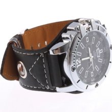 Mens Oversized Quartz Sport Wrist Watch Analog Round Dial Leather Belt Unisex