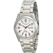 Men's Pulsar By Seiko Quartz Pj6007 Day/date White Dial Steel Watch