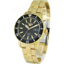Men's Seiko 5 Gold Tone Stainless Steel Automatic Black Dial 24 Jewels