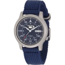 Men's Seiko Automatic Snk807 Day/date Blue Dial Blue Canvas Band Watch