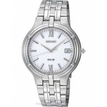 Men's Seiko Solar Quartz Sne025 White Dial Date Stainless Steel Strap Watch