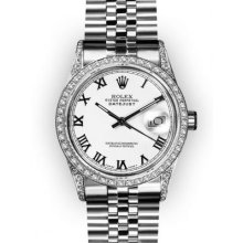 Men's Stainless Steel and Diamond Lugs White Roman Dial Rolex Datejust