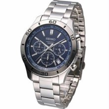 Men's Stainless Steel Case and Bracelet Chronograph Navy Blue Dial Date Display