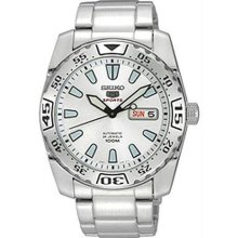 Men's Stainless Steel Seiko 5 Sports Automatic White Dial Day Date