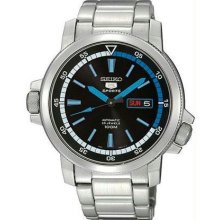 Men's Stainless Steel Seiko 5 Automatic Link Bracelet Black Dial Blue