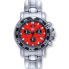 Mens Swiss Military Navy Diver Stnlss Steel Red Dial Chrono Watch