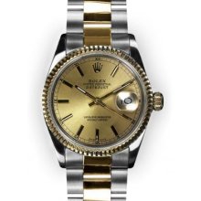 Men's Two Tone Oyster Champagne Stick Dial Fluted Bezel Rolex Datejust
