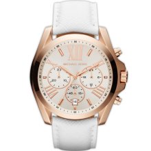 Michael Kors 'Bradshaw' Leather Strap Watch White/ Rose Gold