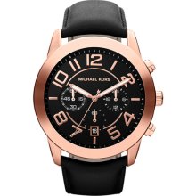 Michael Kors 'Mercer' Large Chronograph Leather Strap Watch, 45mm Black/ Rose Gold