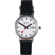 Mondaine New Classic Date 33mm Watch - White Dial, Black Leather Strap A669.30008.16SBO Sale Authentic