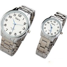 Nary Fashionable Coulpe Watch Classical Digital Stainless Steel Watch White Dial