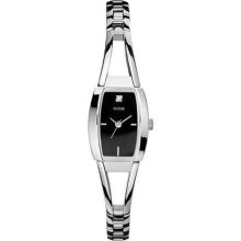 New Ladies GUESS Genuine Diamond Silver-Tone Analog Steel Watch Black Dial