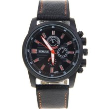 new mens Senjue quartz watch w/ black face orange white numbers & leather band - White - 3 - Leather