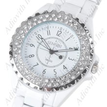 New Quartz White Wirst Watch Analog With Round Case And Rhinestones For Women White Metal