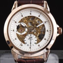 Noble Mans Mechanical Wrist Watch Skeleton Face Brown Leather Top Swiss Movement