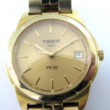 Old Tissot 1853 Pr50 Gold Tone Watch Date Wristwatch Swiss Made Used Quartz >>
