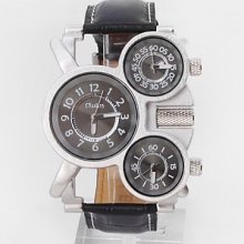 On Sale Men's Casual Leather Analog Quartz Wrist Watch Multiple Time Zone Black