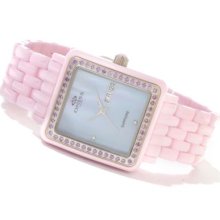 Oniss Women's Finesse Quartz Mother-of-Pearl Austrian Crystal Accented Ceramic Bracelet Watch PINK