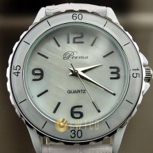 Oyster Fashion Elegant Quartz Hours Dial White Leather Women Wrist Watch Wt075