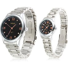 Pair of Alloy Analog Couple Quartz Watches with Black Face 8115 (Silver)