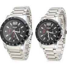 Pair of Black Face Analog Alloy Quartz Couple Watches 8114 (Silver)