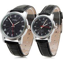Pair of Couple's Classic Leather PU Style Analog Quartz Wrist Watches (Black)