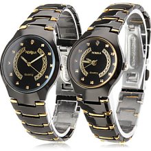 Pair of White Face Analog Alloy Quartz CoupleÄºs Watches (Black and Gold)