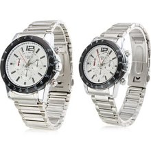 Pair of White Face Alloy Analog Quartz Couple Watches 8114 (Silver)