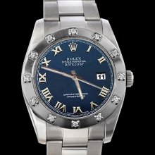 Pearlmaster diamond bezel rolex date just watch blue roman dial oyster