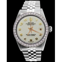 Perpetual rolex white Arabic dial men datejust watch diamond bezel SS jubilee