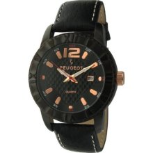 Peugeot 2037Bk 2037Bk Men'S Black Leather Sport Bezel Watch