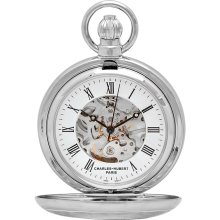 Polished silver calendar cover pocket watch & chain by charles hubert