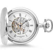 Polished silver mechanical pocket watch and chain by charles hubert