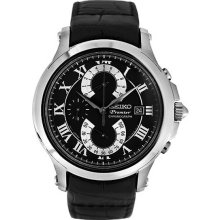 Premier Stainless Steel Case Chronograph Black Dial Date Display Leather Strap