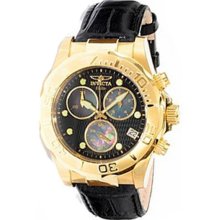 Pro Diver Chronograph Gold Tone Stainless Steel Case Leather Bracelet Black Dial