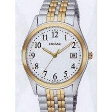 Pulsar Men`s Dress Watch W/ 2 Tone Bracelet & Case/ Arabic Numerals