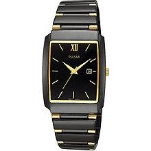 Pulsar Mens Rectangular Gold Accent Black Ion Tuxedo Dress Watch PXQ539