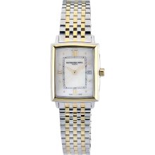 Raymond Weil Tradition Slim Rectangle Two Tone Lady 23 x 28 mm Watch - Mother of Pearl Dial, Two Tone Bracelet 5956-STP-00915 Sale Authentic