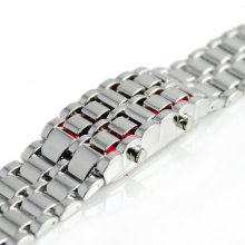 Red Led Digital Silver Lava Style Wrist Watch Iron Metal Samurai Mens Hours