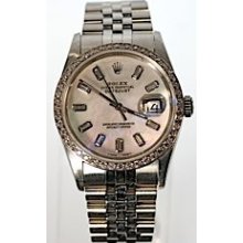 Rolex Datejust Jubilee Bracelet Men's Steel watch with incredible custom added Mother of Pearl Baguette Diamond Dial