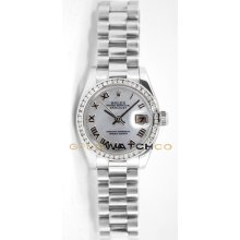 Rolex Ladys President New Style Heavy Band Model 179179 Custom Added Mother Of Pearl Roman Dial & Diamond Bezel